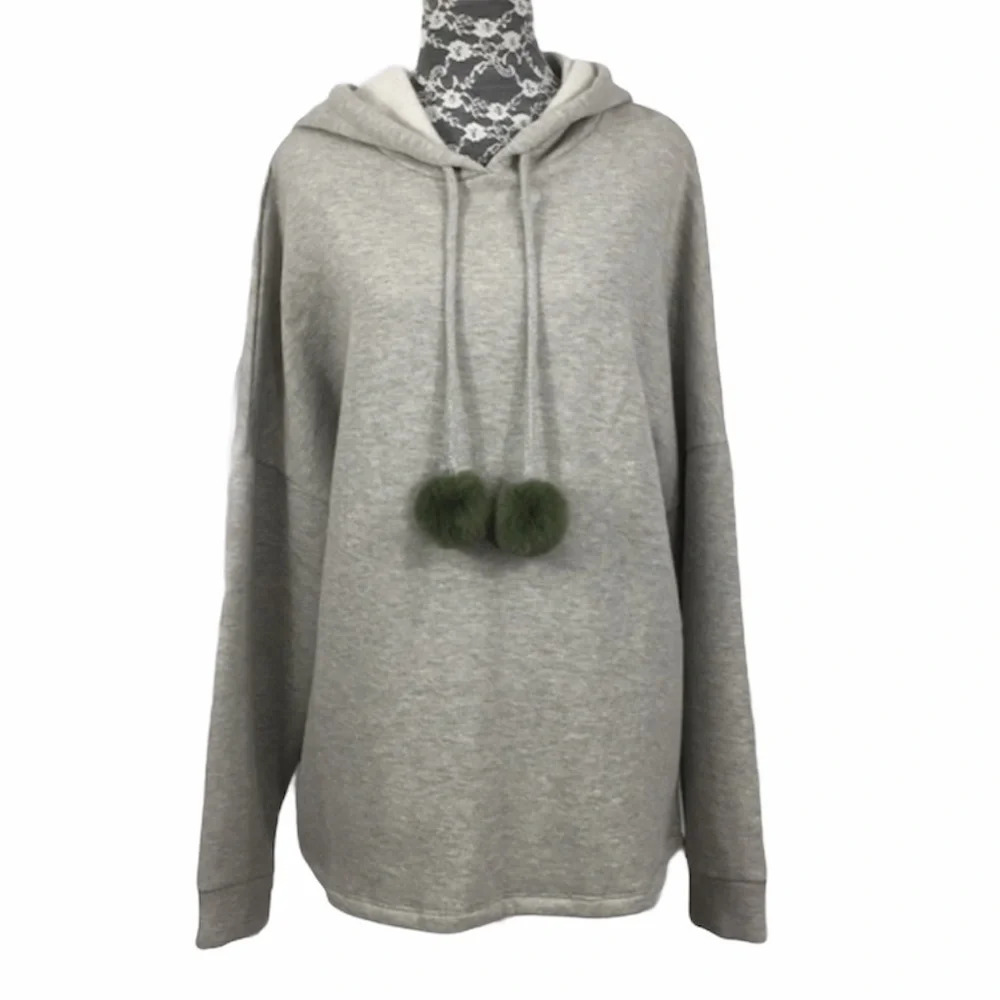 Catherine Malandrino Gray Pom Pom Hoodie Top